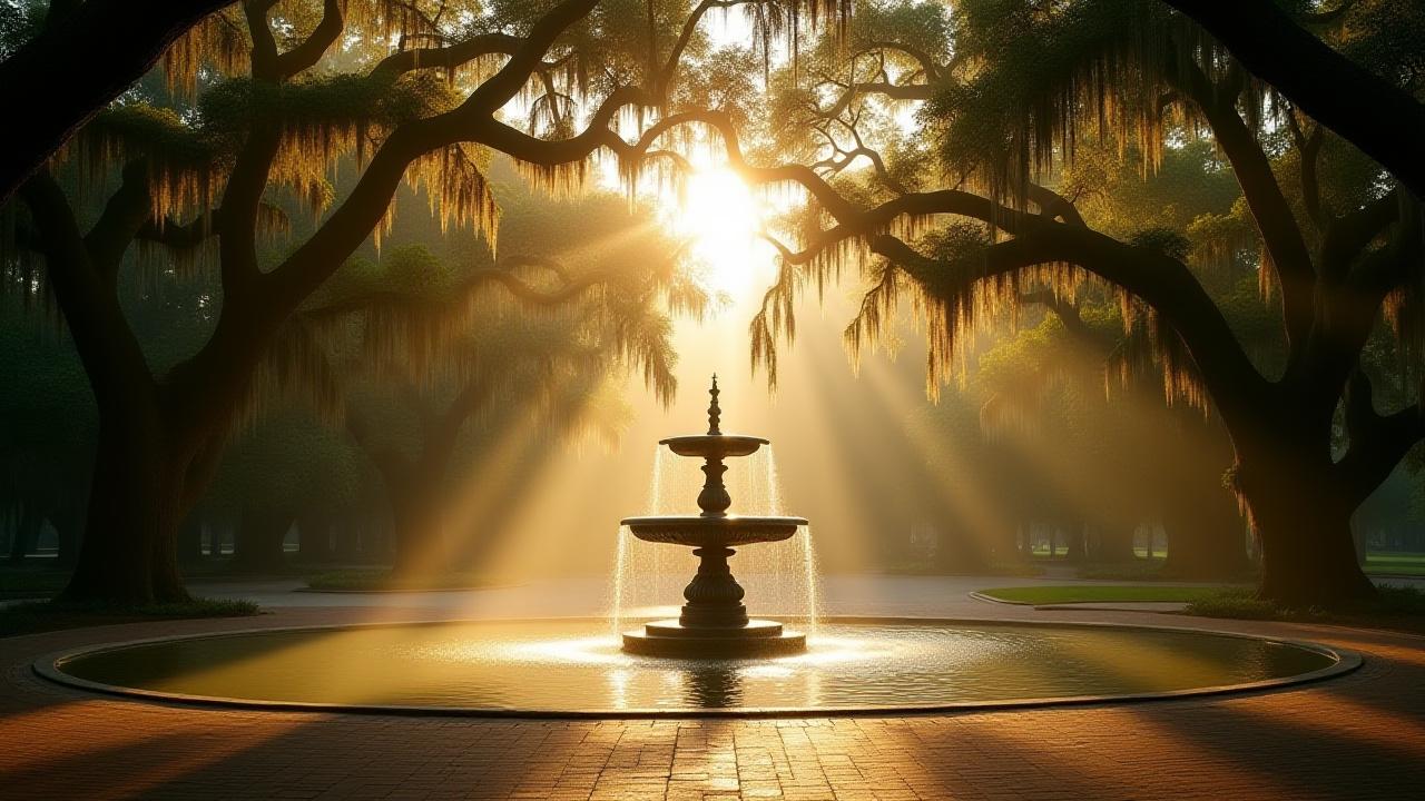 Historic Forsyth Park in Savannah, Georgia, with its iconic fountain and lush Spanish moss draped oak trees.