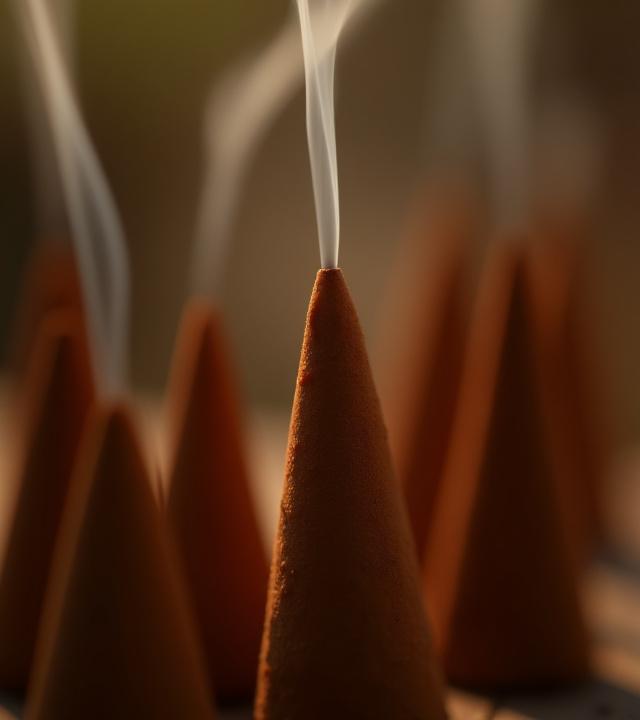 Close-up of natural incense cones with delicate smoke rising, against an earthy background.