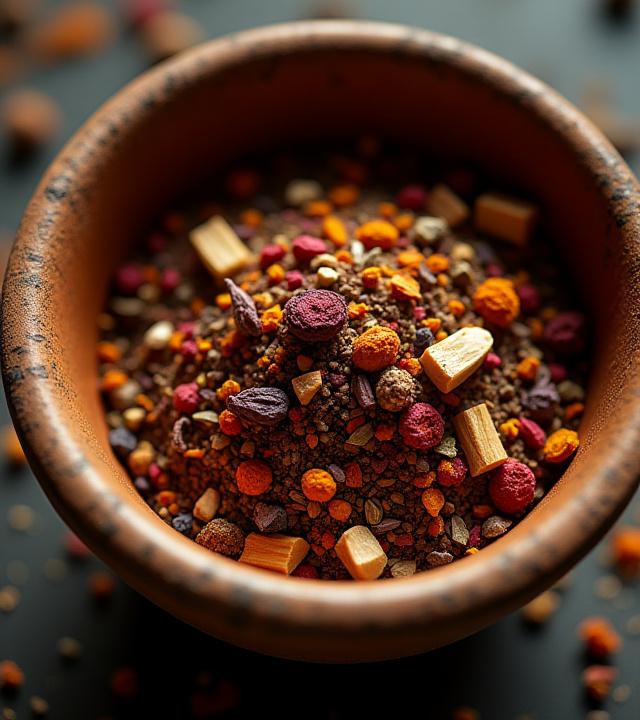 A beautiful ceramic bowl filled with a colorful, aromatic loose incense blend of resins, herbs, and woods.