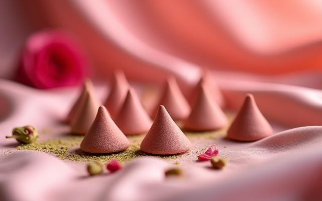 Light pink incense cones scattered with hints of green from cardamom pods on a silk cloth.