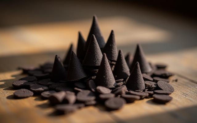A small pile of dark sandalwood incense cones on a rustic wooden surface.