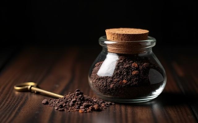A small glass jar filled with a rich, dark loose incense blend, with seven different herbs visible.