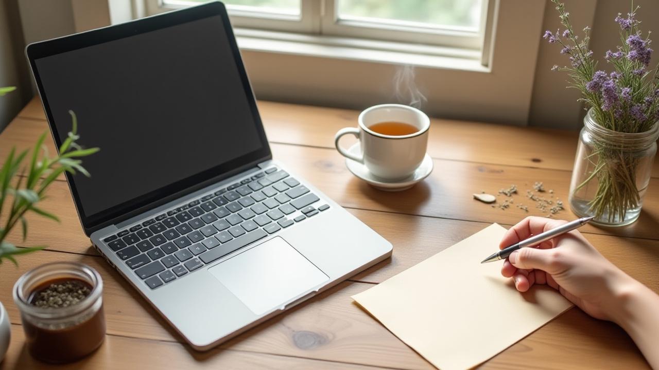 A beautifully styled desk with a laptop, a cup of tea, dried herbs, and a hand writing a note, evoking personal communication.