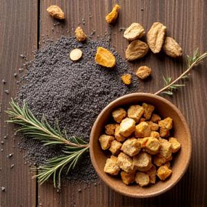 Close-up of raw botanical ingredients like dry herbs and resin chunks on a wooden surface.