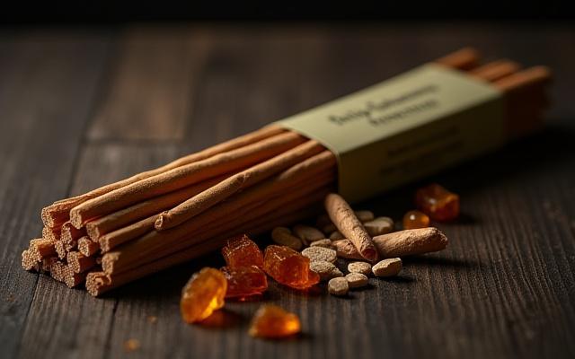Bundled hand rolled incense sticks next to cedarwood chips and myrrh resin.