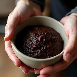Hands mixing a thick, dark incense paste (dhoop) in a ceramic bowl.