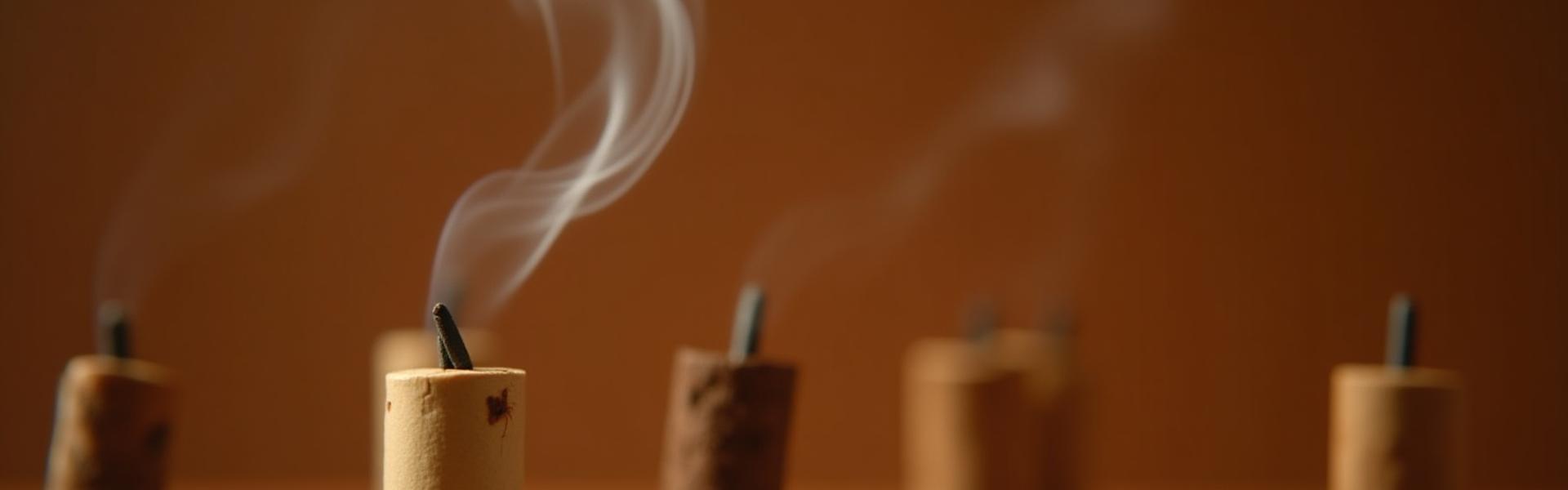 Close-up of several Philip Solomons hand rolled incense sticks, some burning gently with delicate smoke rising, against a soft, earthy background.