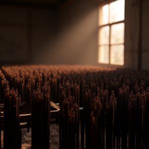 Rows of freshly rolled incense sticks suspended on drying racks in a warm, dimly lit room.