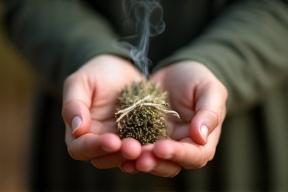 A bundle of dried herbs (smudge stick) being held in hands, with light smoke rising.