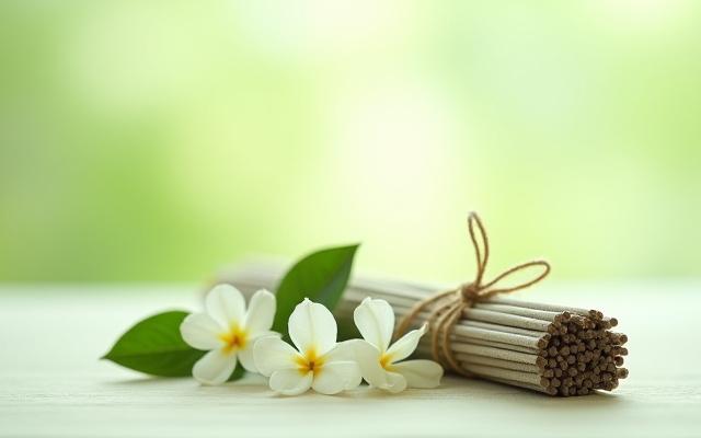Bundled hand rolled incense sticks with jasmine flowers scattered around.