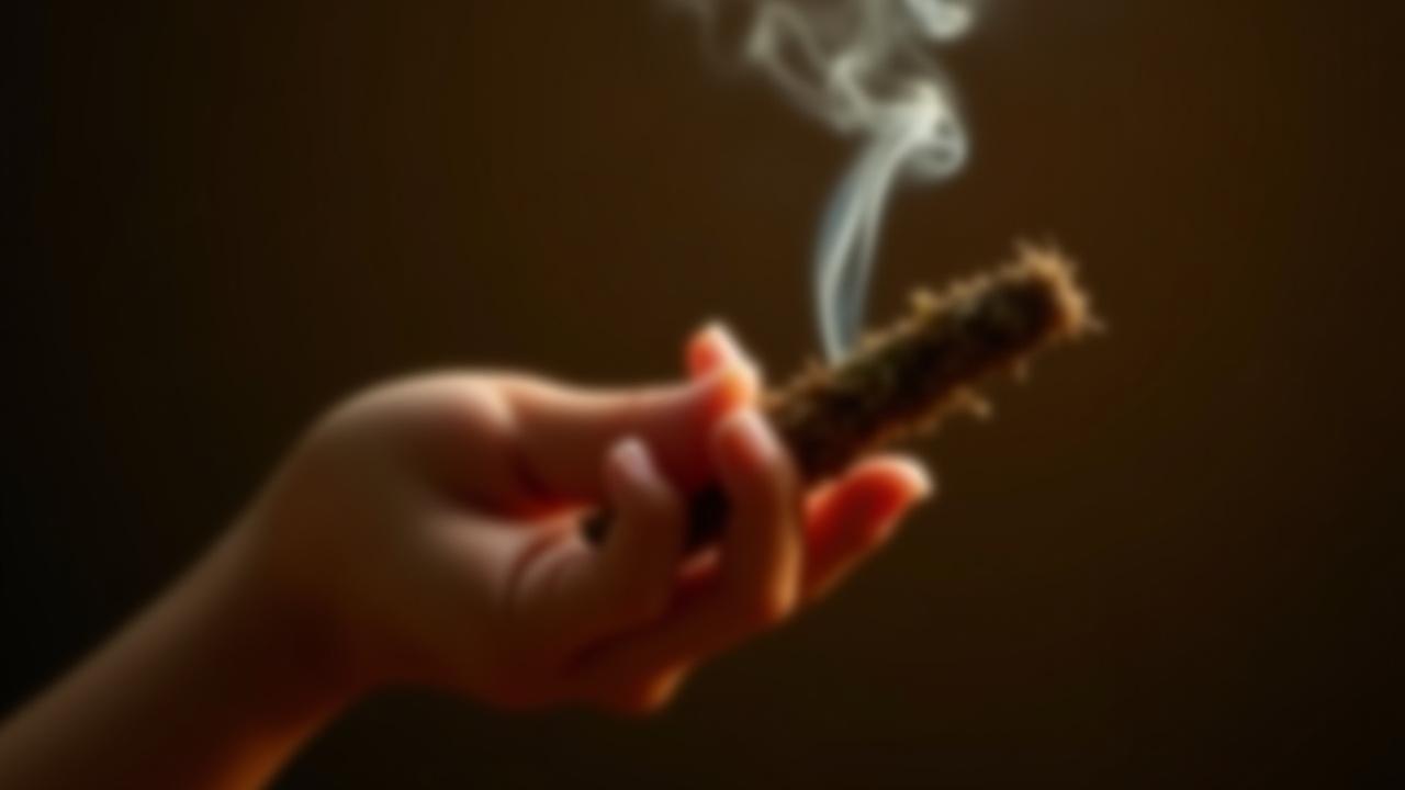 Hand holding a lit herbal smudge stick with fragrant smoke curling upwards.