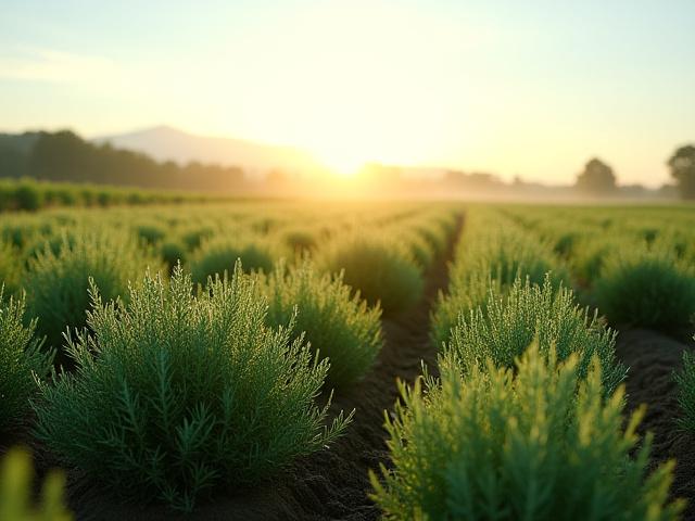 Lush field of herbs under a clear sky, illustrating sustainable farming