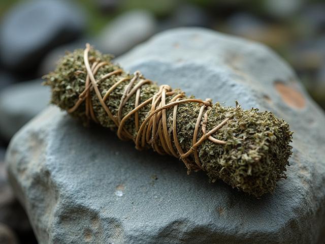 A bundle of dried herbs tied into a smudge stick, resting on a smooth river stone