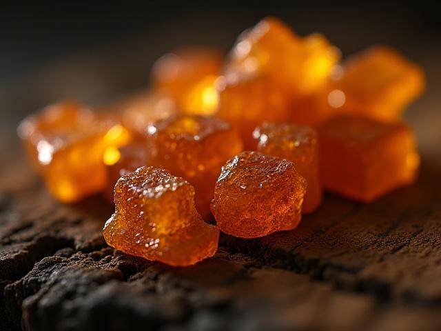 Shimmering natural frankincense resin pieces on a dark, rustic wooden surface