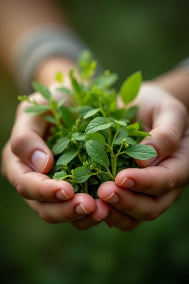 Hands gently holding freshly harvested herbs in natural light