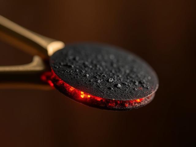 Tongs holding a self-igniting charcoal disc that is beginning to glow red
