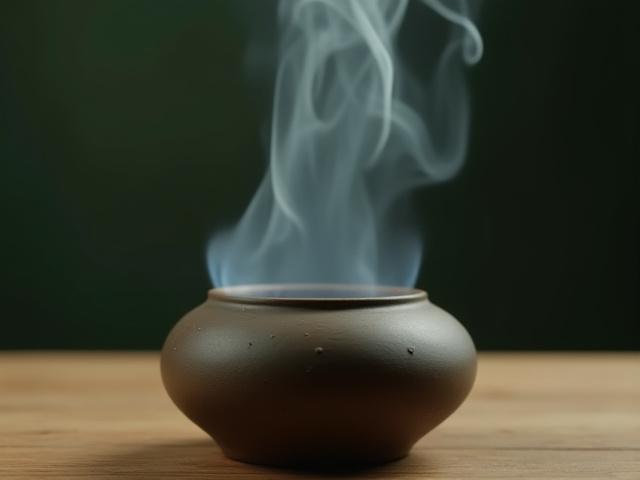 Beautiful aromatic smoke gently wafting upwards from a ceramic censer with burning resin