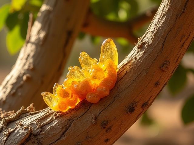 Close-up of a Frankincense tree bark showing resin 'tears' harvested sustainably