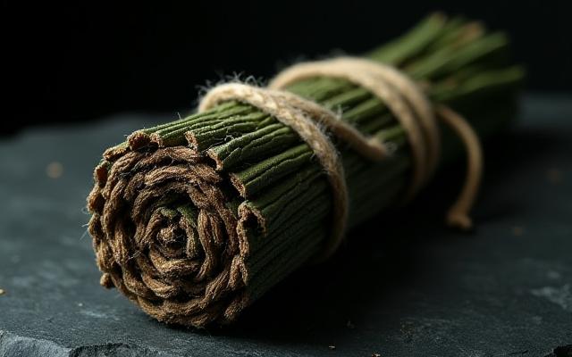 Compact cedar smudge bundle with deep green leaves.
