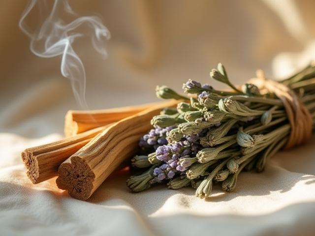 Split image showing sacred Palo Santo wood on one side and a gentle bundle of Cedar or Garden Sage for cleansing on the other.