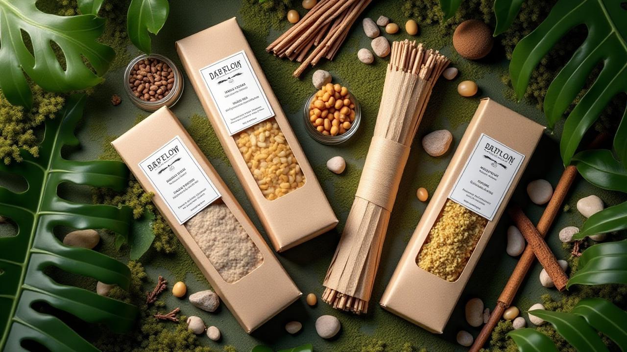 A beautiful flat lay of Philip Solomons incense products, including packaged hand-rolled sticks and loose blends in glass jars, all set on a bed of fresh green leaves, moss, and natural dried botanicals. The packaging clearly shows recycled paper texture.