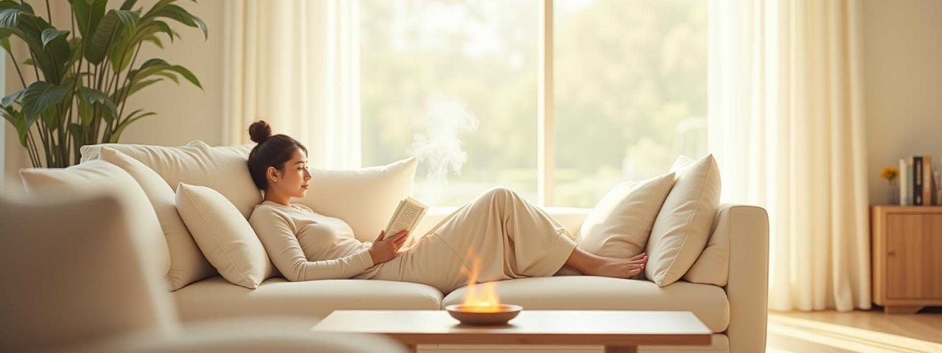 A serene living room scene with a person relaxing on a plush sofa, reading a book, a subtle wisp of natural incense smoke rising from a small ceramic holder on a wooden coffee table, warm natural light filling the room.