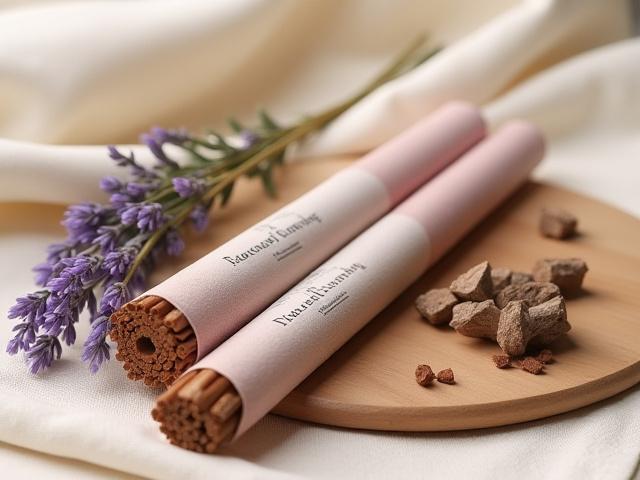 Three hand-rolled incense sticks labeled 'Peaceful Evening' with dried lavender sprigs and vetiver roots arranged artfully around them.