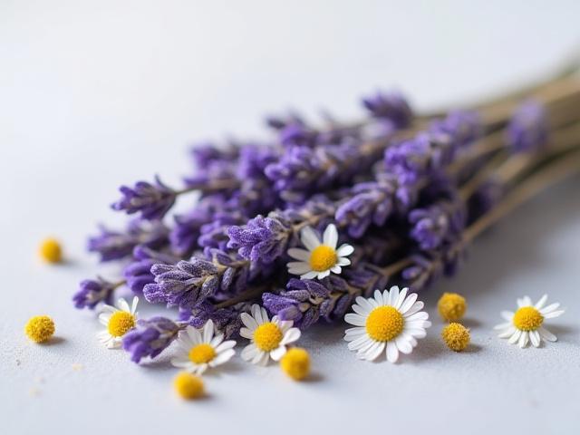 A bundle of dried lavender and chamomile flowers